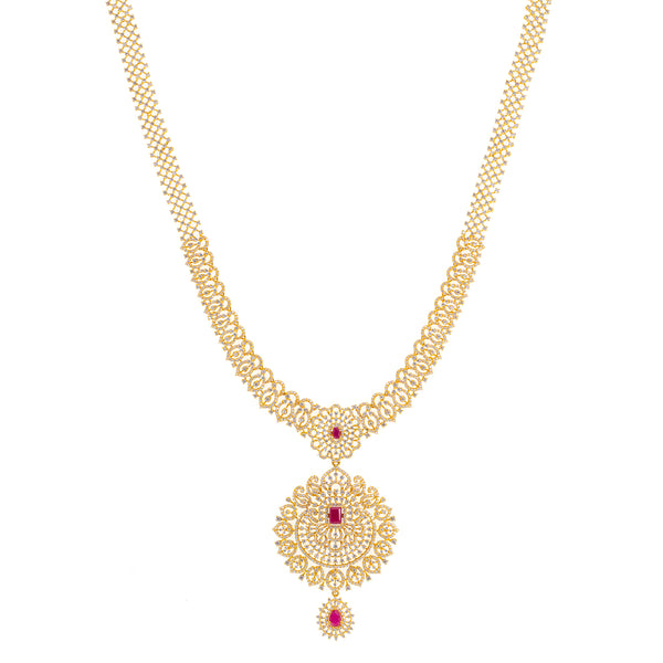 22K Yellow Gold, Ruby & CZ Necklace (95.4gm) | 


Adding this radiant 22k yellow gold necklace to your bridal, formal, or traditional gowns for ...