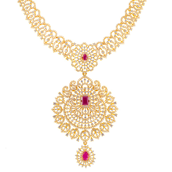 22K Yellow Gold, Ruby & CZ Necklace (95.4gm) | 


Adding this radiant 22k yellow gold necklace to your bridal, formal, or traditional gowns for ...