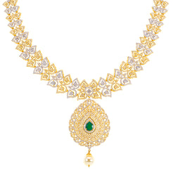 22K Yellow Gold, Emerald, Pearl & CZ Necklace (78.3gm)