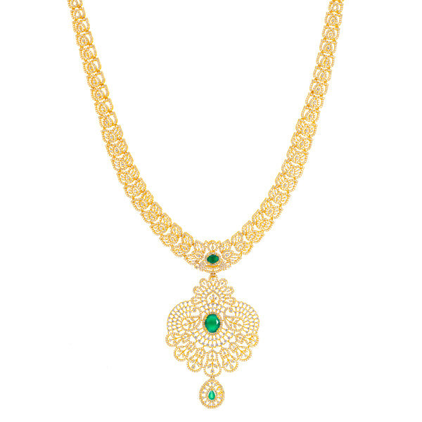 22K Yellow Gold, Emerald & CZ Necklace (104.4gm) | 


Bring a sense of modern elegance to your bridal, formal, or traditional gowns with this radian...