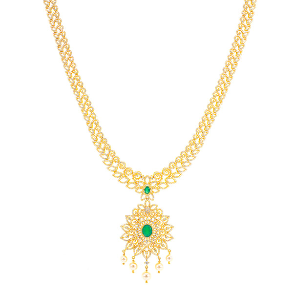 22K Yellow Gold, Emerald, Pearl & CZ Necklace (119.8gm) | 


This 22k Indian gold necklace from Virani Jewelers features intricate framework and a radiant ...