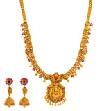 22K Yellow Gold, Emerald & Ruby Temple Jewelry Set (109.2gm) | 


This stunning 22k Indian gold necklace with matching gold jhumka earrings are decorated with c...