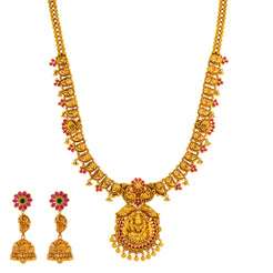22K Yellow Gold, Emerald & Ruby Temple Jewelry Set (109.2gm)