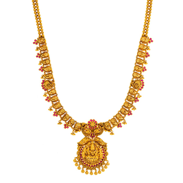 22K Yellow Gold, Emerald & Ruby Temple Jewelry Set (109.2gm) | 


This stunning 22k Indian gold necklace with matching gold jhumka earrings are decorated with c...