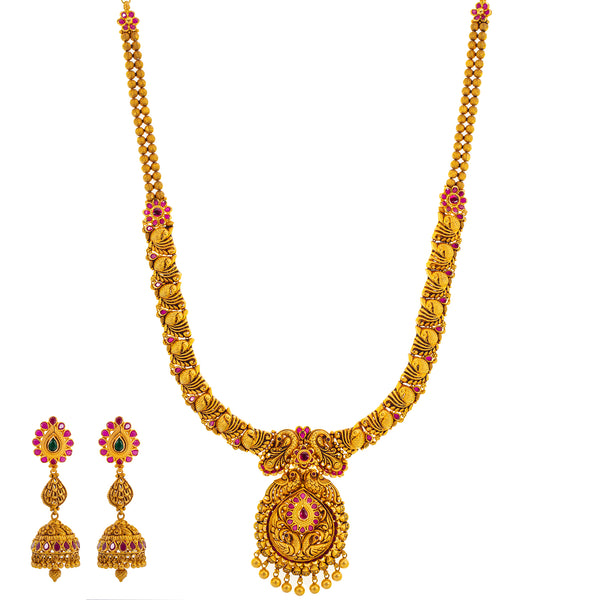 22K Yellow Gold, Emerald & Ruby Antique Jewelry Set (93.4gm) | 


The mesmerizing assortment of emeralds and rubies used along the gold necklace and matching go...