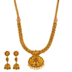 22K Yellow Gold, Emerald & Ruby Temple Jewelry Set (84.8gm)