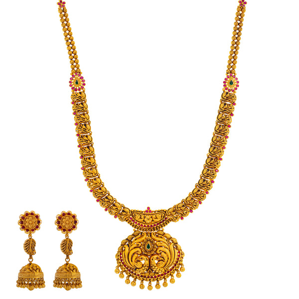 22K Yellow Gold, Emerald & Ruby Temple Jewelry Set (84.8gm) | 


The engraved artwork used to create this luxurious 22k Indian gold necklace and matching gold ...