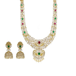 18K Yellow Gold Diamond Necklace & Earrings Set W/ 24.19ct VVS Diamonds, Rubies, Emeralds & Pearls - Virani Jewelers