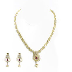 18K Multi Tone Gold Diamond Earrings & Necklace Set W/ VVS Diamonds, Rubies, South Sea Pearl & Pear Shaped Pendant - Virani Jewelers