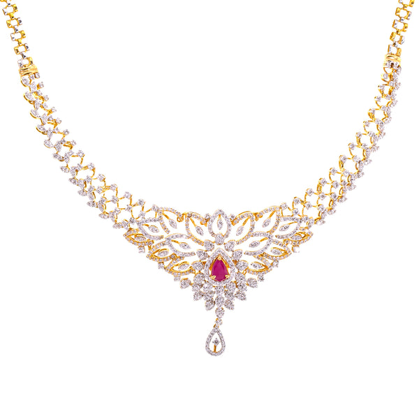 18K Gold Diamond Jewelry Set (48.6gm) | 
This gorgeous 18 karat gold necklace and earring set is flush with glimmering diamonds and ruby ...