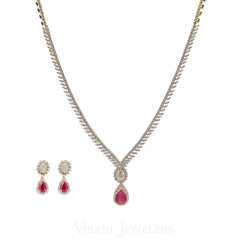 5.82CT Diamond Box Chain Necklace and Earrings Set in 18k Yellow Gold W/ Drop Ruby Pendant - Virani Jewelers