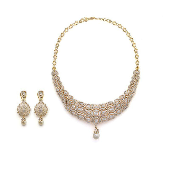 18K Yellow Gold Diamond Necklace Set W/ 16.37ct VVS Diamonds, Drop Pearl & Heavy Paisley Design - Virani Jewelers | Be inspired by the blend of art and design in this most luxurious 18K yellow gold pearl and diamo...
