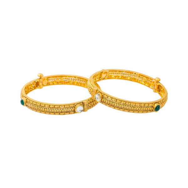 22K Gold Bangle - Virani Jewelers | Be bold in stackable accents of Kundan, emeralds and gold with this pair of 22K yellow antique go...