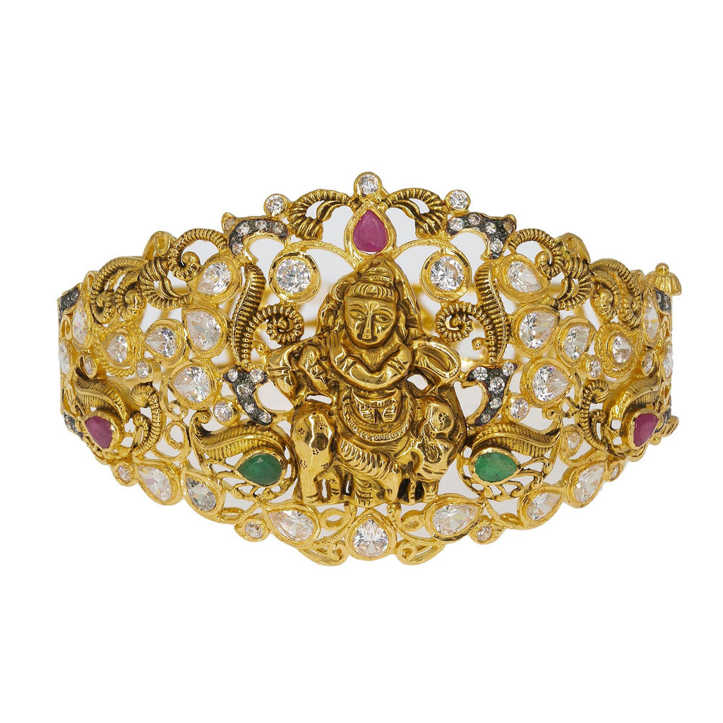 22K Yellow Antique Gold Laxmi Bangle W/ Emeralds, Rubies, CZ & Chandelier Display - Virani Jewelers | Go bigger and bolder with this elaborate display of luxury on this 2K yellow antique gold Laxmi B...