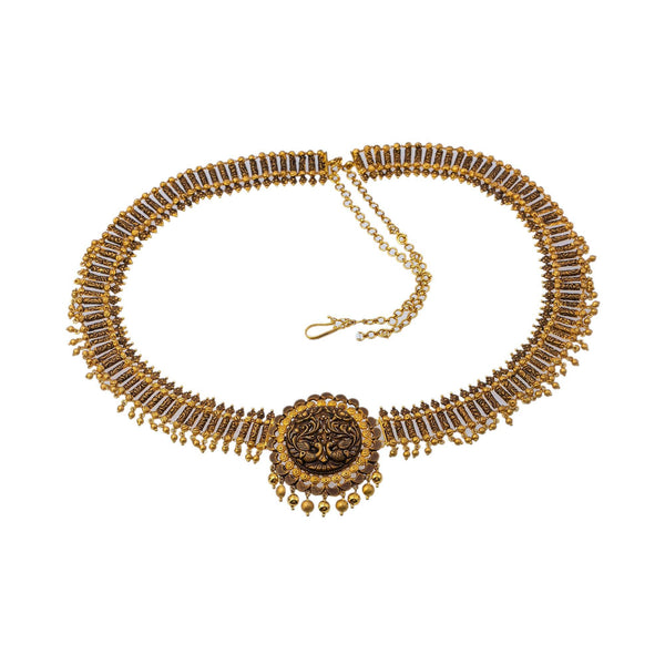 22K Yellow Gold Antique Beaded Vaddanam Waist Belt W/ Adjustable Gold Chain Belt, 155.5gm - Virani Jewelers | Add movement and luxury to your most festive looks with Vaddanam waist belts that will transform ...