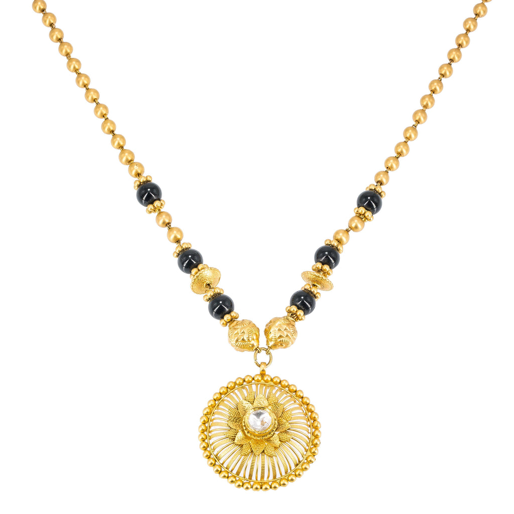 22K Yellow Antique Gold Mangalsutra Necklace W/ Kundan & Laser Cut Pendant - Virani Jewelers | Add depth, texture and unique design to your chosen attire with this beautiful antique 22K yellow...