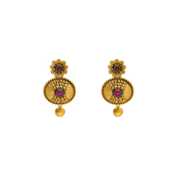 22K Yellow Gold Antique Necklace and Earrings Set W/ Ruby - Virani Jewelers | 


Exuding ethereal charm and an antique allure, the 22K antique gold necklace has a stunning des...