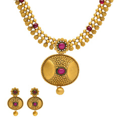 22K Yellow Gold Antique Necklace and Earrings Set W/ Ruby - Virani Jewelers