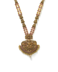 22K Yellow Gold Antique Temple Necklace W/ Rubies, Pearls & Laxmi Pendant - Virani Jewelers