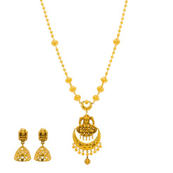 22K Yellow Gold Antique Necklace & Jhumki Earrings Set W/ Laxmi Pendant - Virani Jewelers