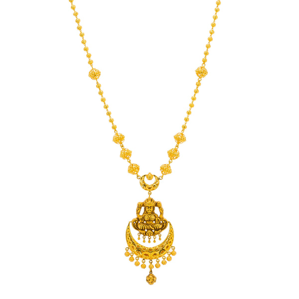 22K Yellow Gold Antique Necklace & Jhumki Earrings Set W/ Laxmi Pendant - Virani Jewelers | Be bold and elegant with this most exquisite 22K yellow gold antique Temple necklace and earrings...