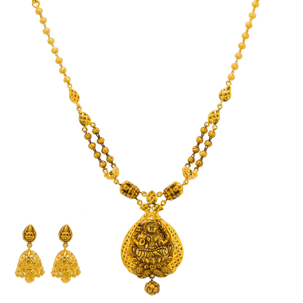 22K Yellow Gold Antique Necklace & Jhumki Earrings Set W/ Laxmi Pendant & Split Chain - Virani Jewelers | Make an undeniably bold statement with this stunning 22K yellow gold antique Temple necklace and ...