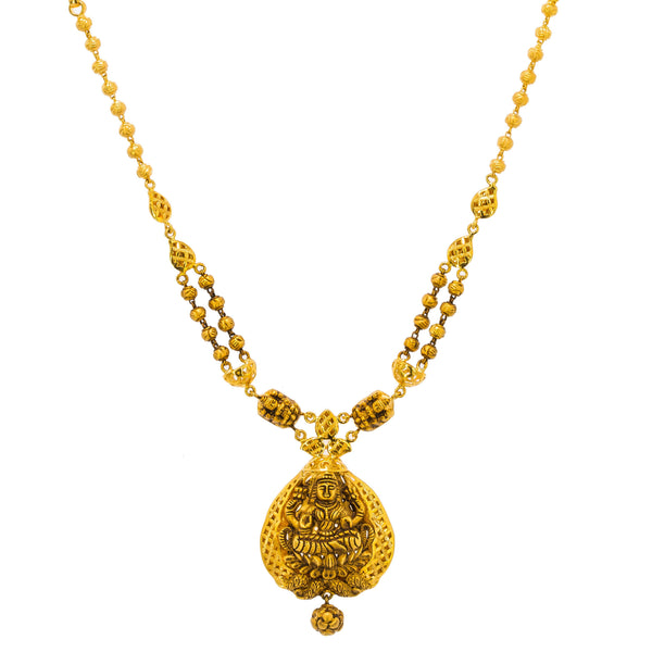 22K Yellow Gold Antique Necklace & Jhumki Earrings Set W/ Laxmi Pendant & Split Chain - Virani Jewelers | Make an undeniably bold statement with this stunning 22K yellow gold antique Temple necklace and ...