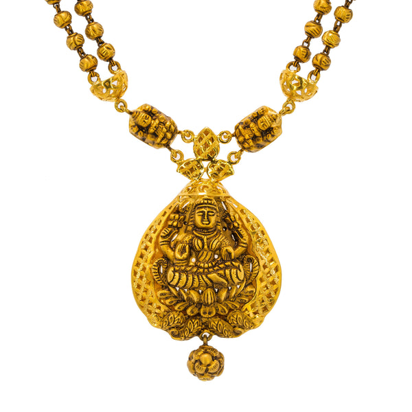22K Yellow Gold Antique Necklace & Jhumki Earrings Set W/ Laxmi Pendant & Split Chain - Virani Jewelers | Make an undeniably bold statement with this stunning 22K yellow gold antique Temple necklace and ...