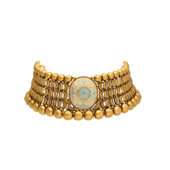 22K Yellow Antique Gold Choker Set W/ Blue & White Meena Center - Virani Jewelers