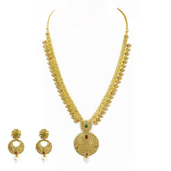 22K Yellow Gold Set Necklace & Earrings W/ Uncut Diamonds, Rubies & Emeralds on Three-Row Chain - Virani Jewelers