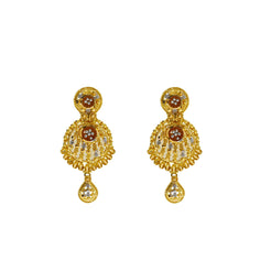 22K Gold Multi Tone Gold Meenakari Drop Earrings W/ Shield Design & Feather Accents - Virani Jewelers