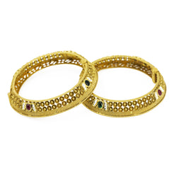 22K Yellow Gold Antique Bangles Set of 2 W/ Ruby, Emerald, CZ Stones & Screw Closure - Virani Jewelers