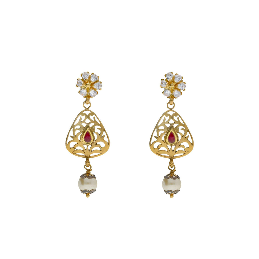 22K Yellow Antique Gold Drop Earrings W/ CZ, Rubies, Pearls & Laser Cut Design - Virani Jewelers | 


Exude elegance with the classic touches of fine design with special jewelry like this 22K yell...