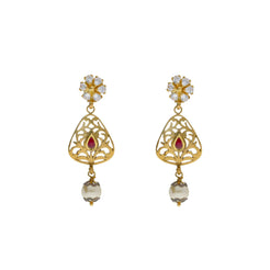 22K Yellow Antique Gold Drop Earrings W/ CZ, Rubies, Pearls & Laser Cut Design - Virani Jewelers