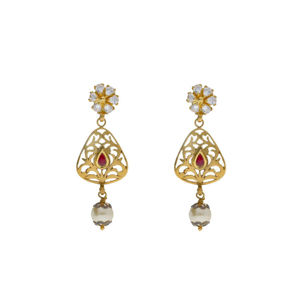 22K Yellow Antique Gold Drop Earrings W/ CZ, Rubies, Pearls & Laser Cut Design - Virani Jewelers | 


Exude elegance with the classic touches of fine design with special jewelry like this 22K yell...