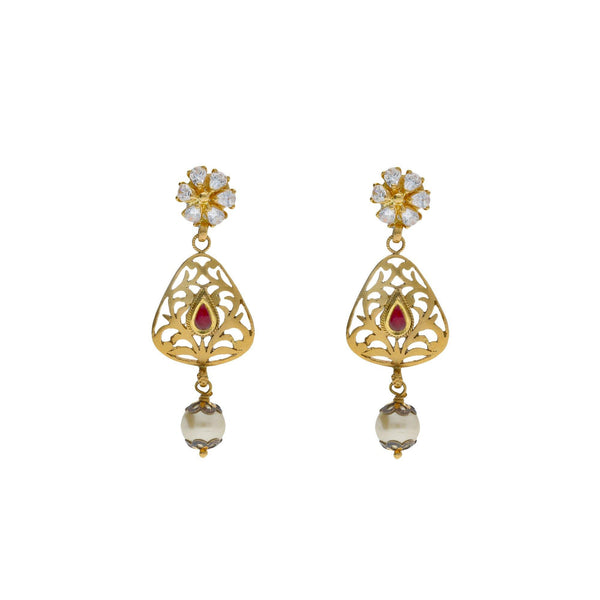 22K Yellow Antique Gold Drop Earrings W/ CZ, Rubies, Pearls & Laser Cut Design - Virani Jewelers | 


Exude elegance with the classic touches of fine design with special jewelry like this 22K yell...