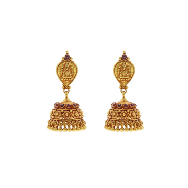 22K Yellow Gold Antique Matte Finish Earrings W/Ruby, 4.7 grams - Virani Jewelers | 


This pair earrings come in a temple-inspired design. The intricate and elaborate detailing on ...