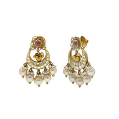 22K Yellow Antique Gold Chandbali Pendant & Earrings Set W/ Kundan, Rubies & Pearls - Virani Jewelers