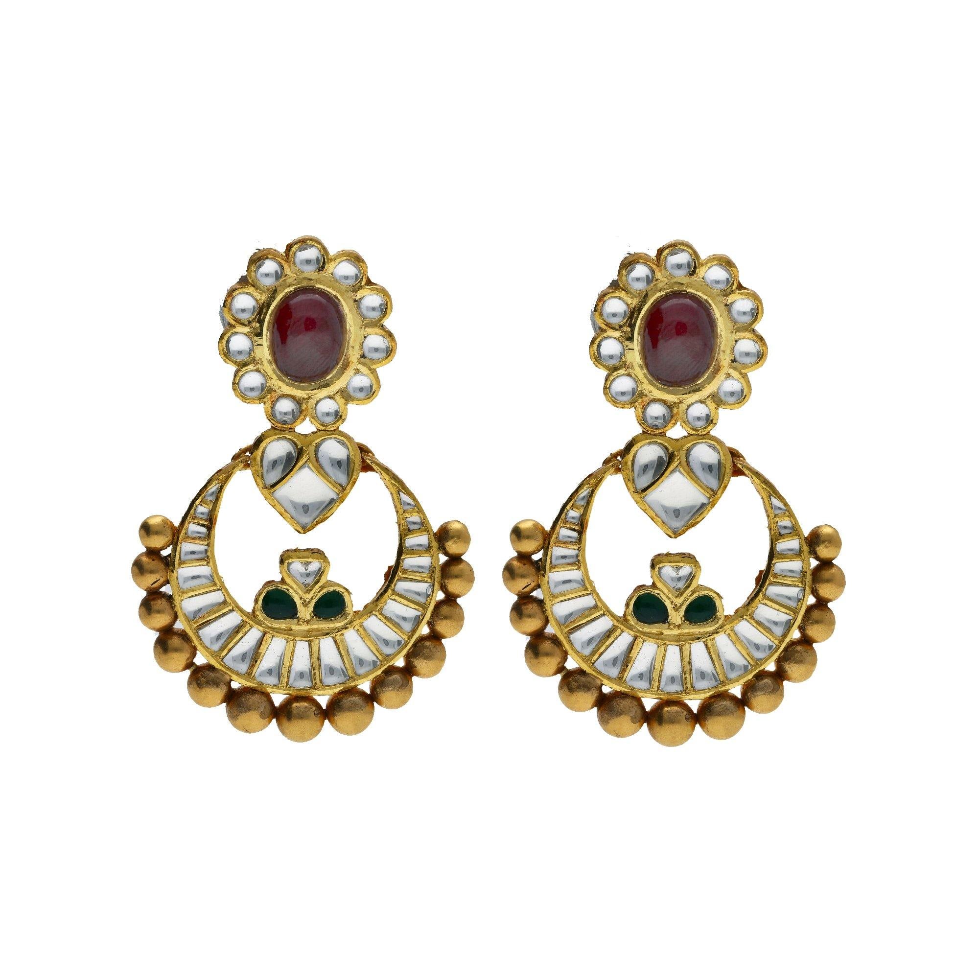 Virani Jewelers 22K Yellow Antique Gold Chandbali Pendant Earrings Set w Kundan Rubies Emeralds