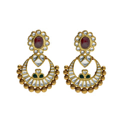 22K Yellow Antique Gold Chandbali Pendant & Earrings Set W/ Kundan, Rubies & Emeralds - Virani Jewelers