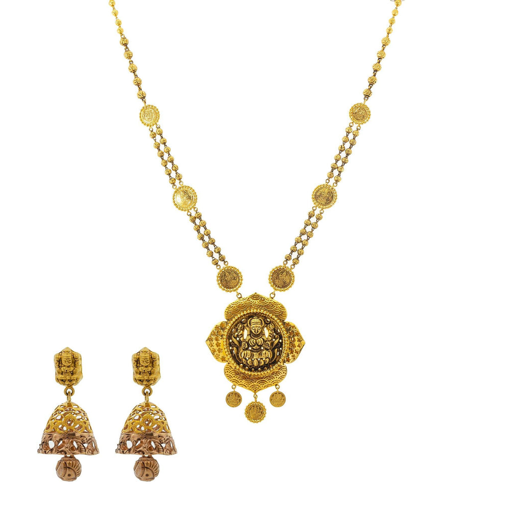 An image of the Antique Medallion 22K gold necklace set from Virani Jewelers. | Celebrate culture and tradition with this gorgeous 22K gold necklace set from Virani Jewelers!

F...