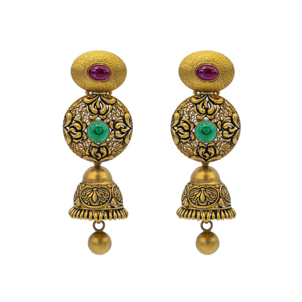 An image of the Vasudha 22K gold earrings from Virani Jewelers. | Give your confidence a boost with this 22K gold necklace set from Virani Jewelers!

Features meda...