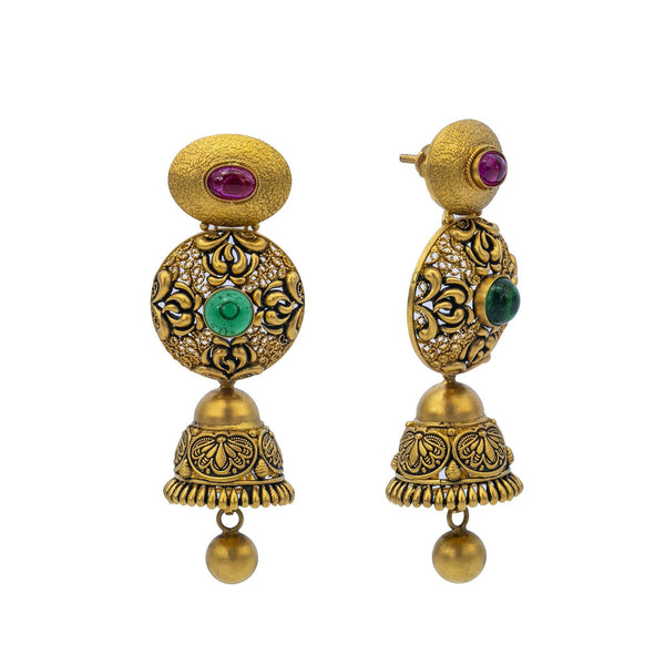 An image of two Vasudha 22K gold earrings from Virani Jewelers. | Give your confidence a boost with this 22K gold necklace set from Virani Jewelers!

Features meda...
