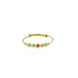 An image of a single 22K gold bangle with emerald and ruby bead embellishments and an adjustable band from Virani Jewelers. | Add color to your child’s wardrobe with these beautiful 22K gold bangles from Virani Jewelers!

D...