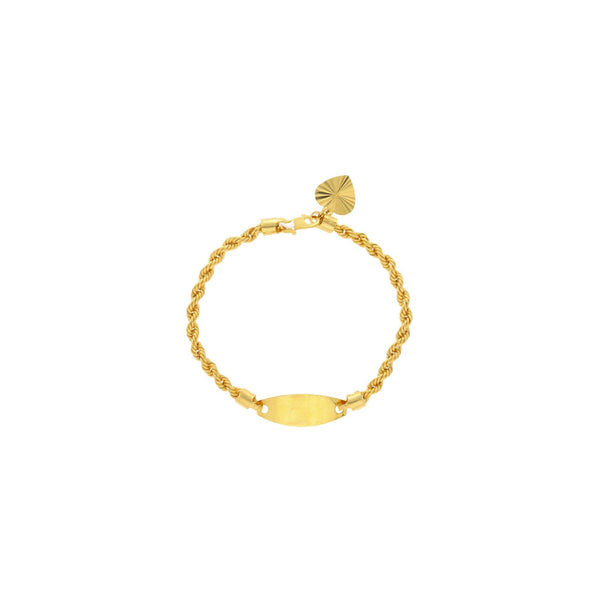 An image of Virani Jewelers 22K gold bracelet with a twisted rope chain, a flat pendant, and a gold heart charm. | Express the love you have for your child with this beautiful 22K gold bracelet from Virani Jewele...