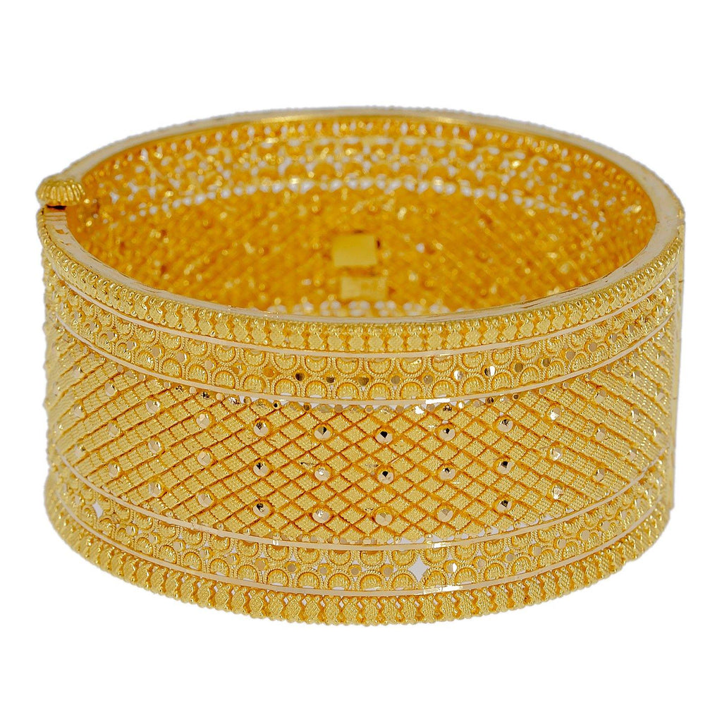 22K Yellow Gold Bangle Cuff W/ Beaded Filigree & Shackle Screw Closure - Virani Jewelers | Explore the alluring mystique of finely detailed gold bangles with this 22K yellow gold women’s b...