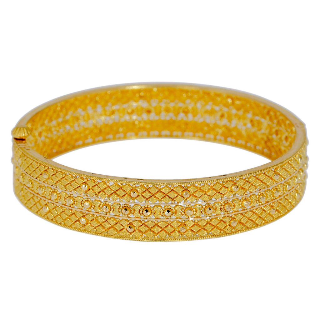 22K Yellow Gold Bangle W/ Beaded Filigree & Rowed Rhombus Pattern - Virani Jewelers | Explore the alluring mystique of finely detailed gold bangles with this 22K yellow gold women’s b...