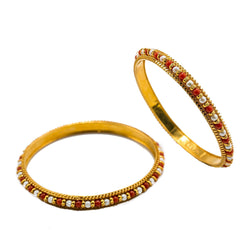22K Yellow Gold Bangles Set of 2 W/ Pearls & Ruby Bead Accents - Virani Jewelers