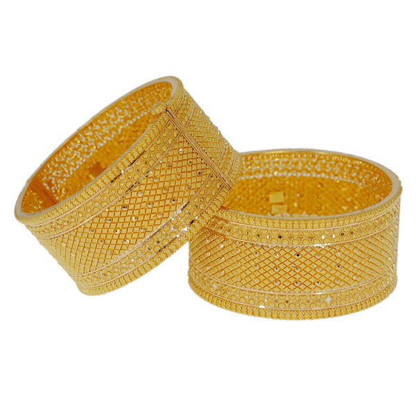 22K Yellow Gold Bangle Cuffs Set of 2 W/ Beaded Filigree & Shackle Screw Closure, 106.2 gm - Virani Jewelers | Explore the alluring mystique of finely detailed gold bangles with this set of two 22K yellow gol...