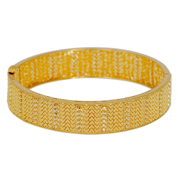 22K Yellow Gold Bangles Set of 2 W/ Beaded Filigree & Pointed Brick Pattern - Virani Jewelers | Explore the alluring mystique of finely detailed gold bangles with this set of two 22K yellow gol...